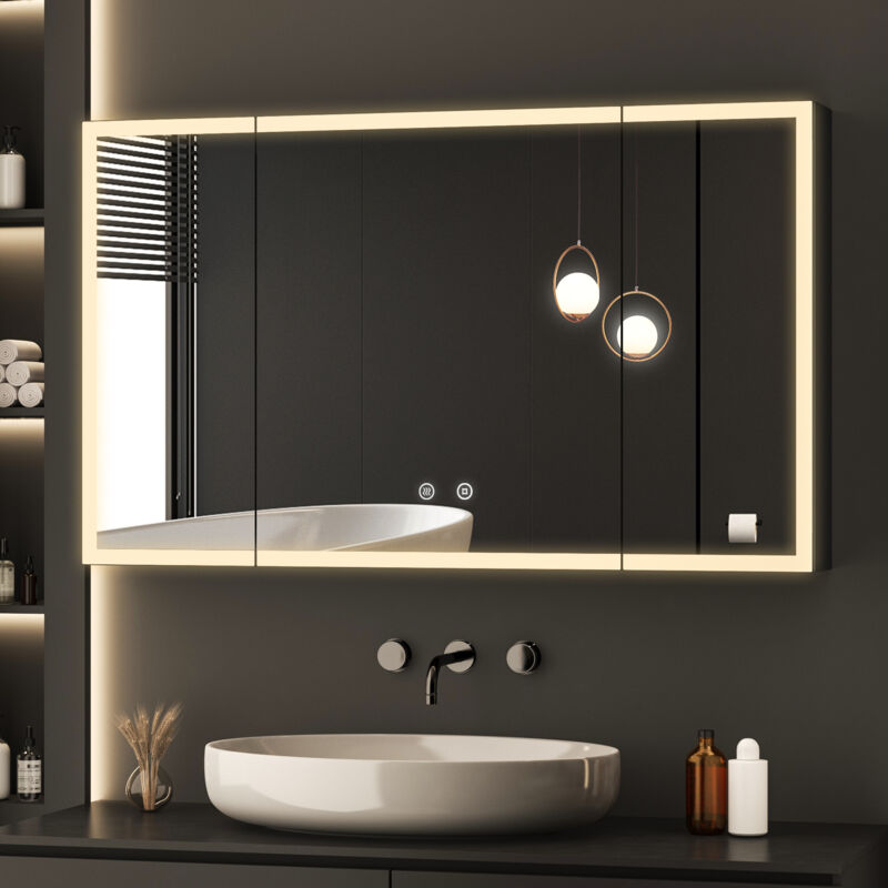 3 Türen Spiegelschrank Bad mit Beleuchtung Schwarz Badezimmer Spiegelschrank mit Beleuchtung LED Badezimmerschrank mit Dimmbar + Beschlagfrei