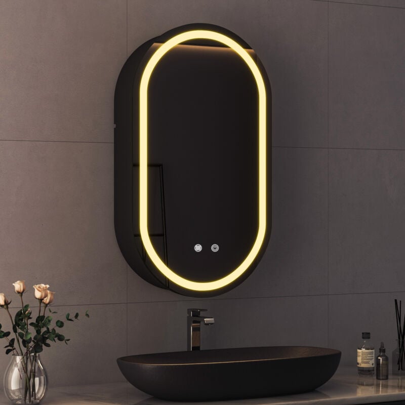 Spiegelschrank Bad mit Beleuchtung Badezimmer Spiegelschrank mit Beleuchtung Schwarz Metall LED Badezimmerschrank Rund mit Dimmbar + Beschlagfrei +