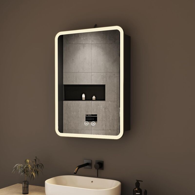 Boromal - Spiegelschrank Bad mit Beleuchtung Schwarz Spiegelschrank mit Beleuchtung Metall led Badezimmerschrank mit Dimmbar + Beschlagfrei +