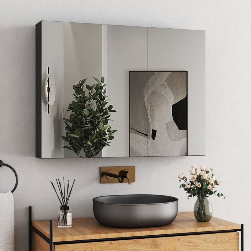 Doppeltür Spiegelschrank Bad mit Innenspiegel 80x60cm Spiegelschränke Medizinschrank Badschrank Badezimmer Spiegelschrank Schwarz