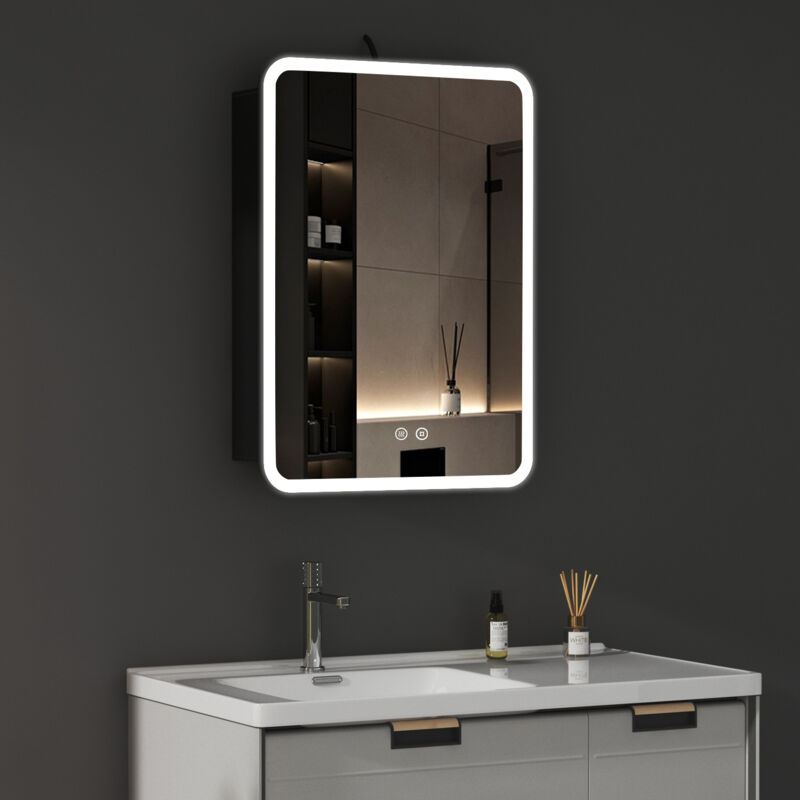 Boromal - Spiegelschrank Bad mit led Beleuchtung Schwarz Spiegelschrank mit Beleuchtung Metall Badezimmerschrank mit Dimmbar, Beschlagfrei, Steckdose