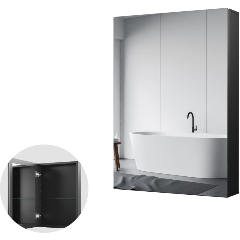 Spiegelschrank Bad Spiegelschrank mit Innenspiegel Metall Badezimmerschrank Schwarz mit Spiegel und Verstellbare Glasablage (40 x 60 x 12,5 cm)