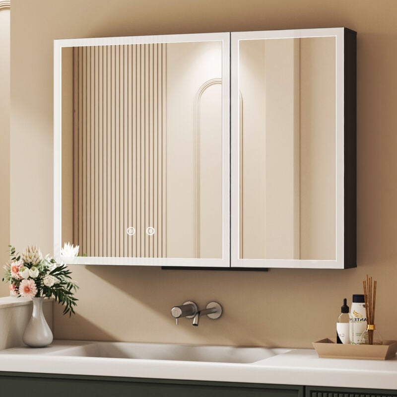 Spiegelschrank mit Beleuchtung 80 x 60 cm, Bad-Hängeschränke LED Spiegelschrank Bad mit Beleuchtung Medizinschrank mit Touch-Schalter, 3 Einstellbare