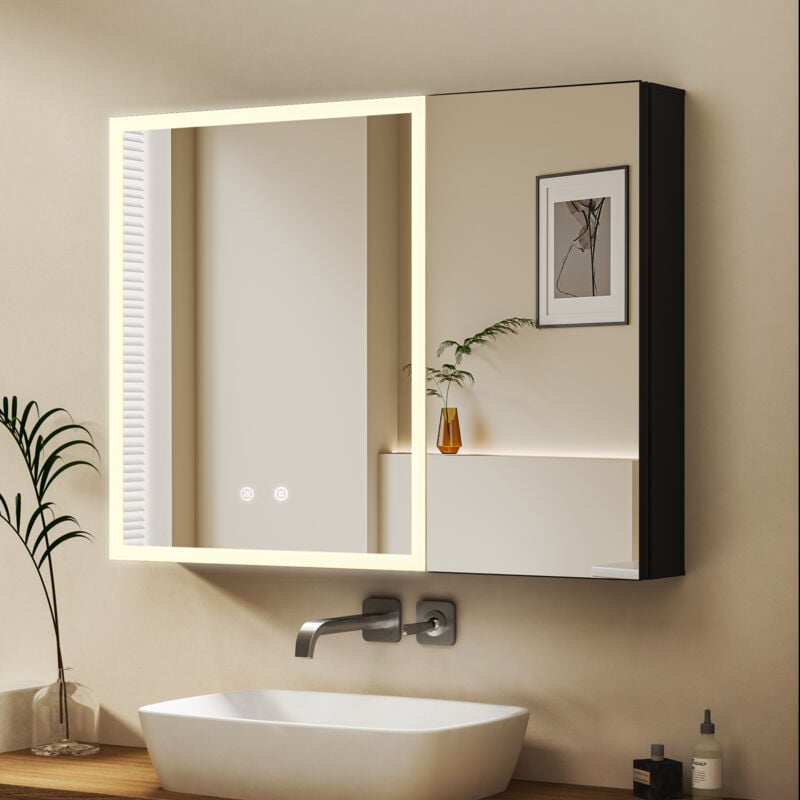 Spiegelschrank mit Beleuchtung 80 x 60 cm, Bad-Hängeschränke Schwarz Spiegelschrank Bad mit Beleuchtung Medizinschrank mit Touch-Schalter, 3