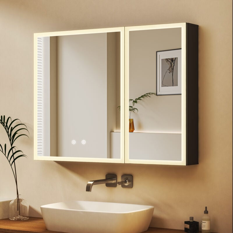 Spiegelschrank mit Beleuchtung 80 x 60 cm, Bad-Hängeschränke Spiegelschrank Bad mit Beleuchtung Medizinschrank mit Touch-Schalter, 3 Einstellbare