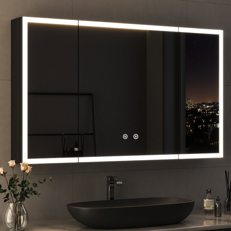 Spiegelschrank mit Beleuchtung 100 x 60 cm, Bad-Hängeschränke Spiegelschrank Bad mit Beleuchtung Badezimmer Spiegelschrank mit Touch-Schalter, 3