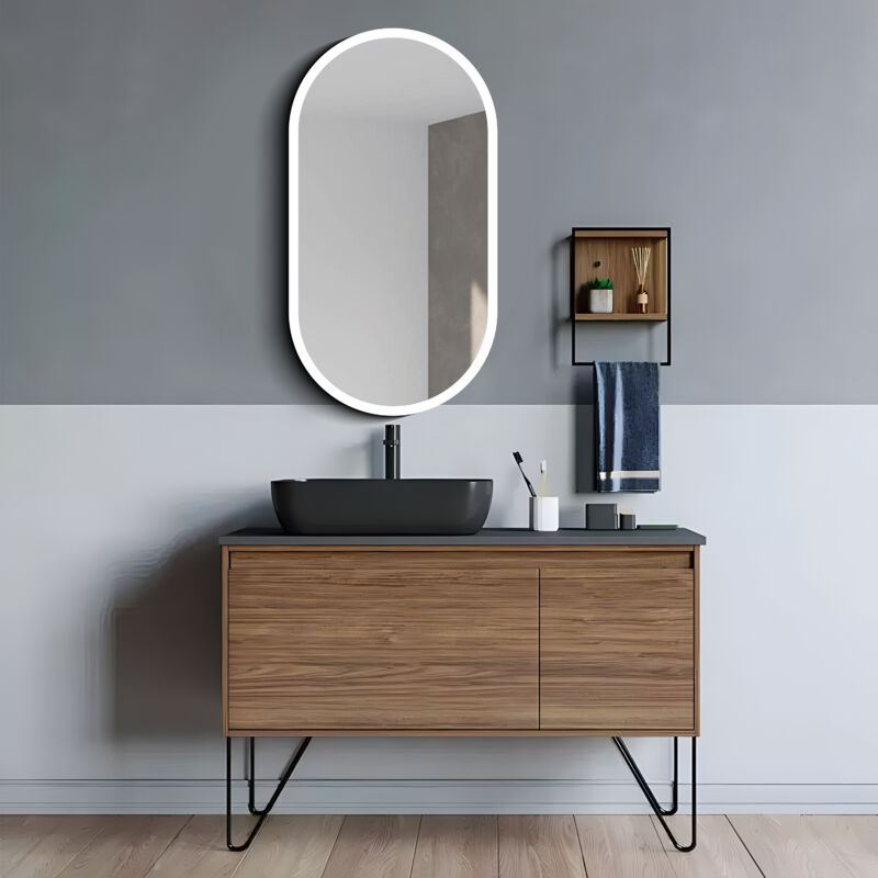 Talos - Spiegelschrank mit Beleuchtung Oval Vento 45x80 cm schwarz - Spiegelschrank Bad mit 2 Ablageflächen - Aluminium - Rückwand verspiegelt