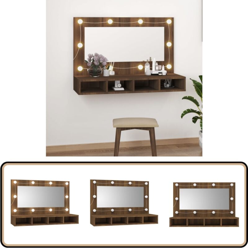 Spiegelschrank mit led Braun Eichen-Optik 90x31,5x62 cm - Spiegelschrank - LED-Spiegel - Badezimmermöbel - Kosmetikschränkchen - Make-uptisch