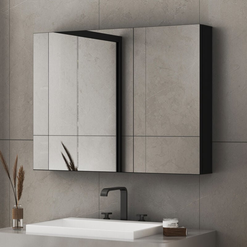 Boromal - Spiegelschrank Bad 80 x 60 x 12,5 cm Badezimmer Spiegelschrank mit Innenspiegel Schwarz Metall Badezimmerschrank mit Spiegel und