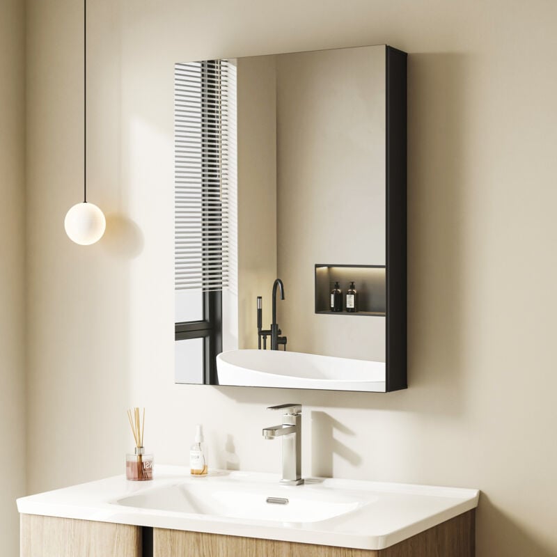 Boromal - Spiegelschrank Schwarz Spiegelschrank Bad Metall Badezimmerschrank mit Spiegel Badezimmerspiegelschrank mit Verstellbare Glasablage (50 x