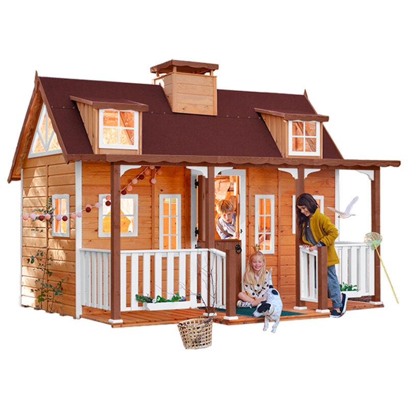 Green House - Spielhaus Gross für Kinder mit großer überdachter Veranda und Doppelbett im Innenbereich florida - 335 x 295 x 260 cm - casas Bemaltes