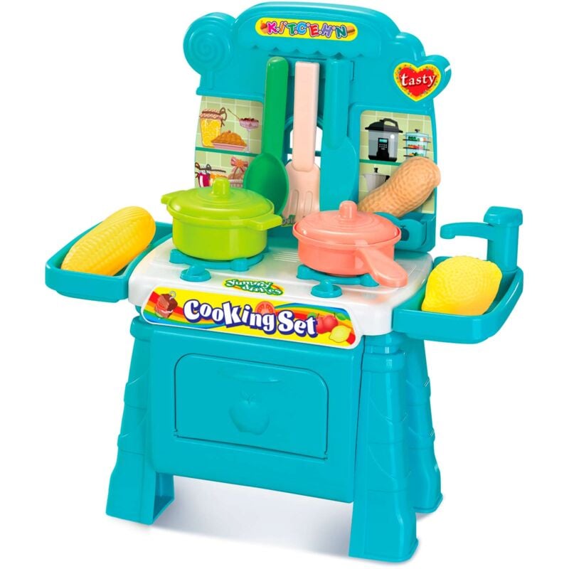Spielküche 2 in 1 mit Einkaufswagen und Wasserhahn Robincool Coocking Set 29x13x31 cm Farbe Blau mit 11 Zubehör Inklusive