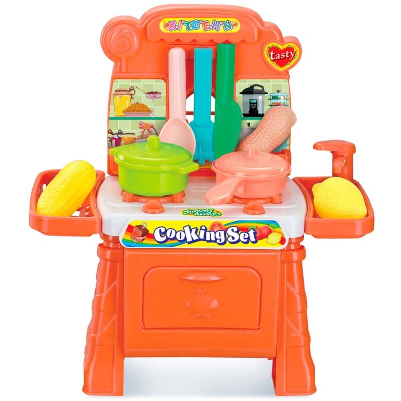 Spielküche 2 in 1 mit Einkaufswagen und Wasserhahn Robincool Coocking Set 29x13x31 cm Farbe Orange mit 11 Zubehör Inklusive