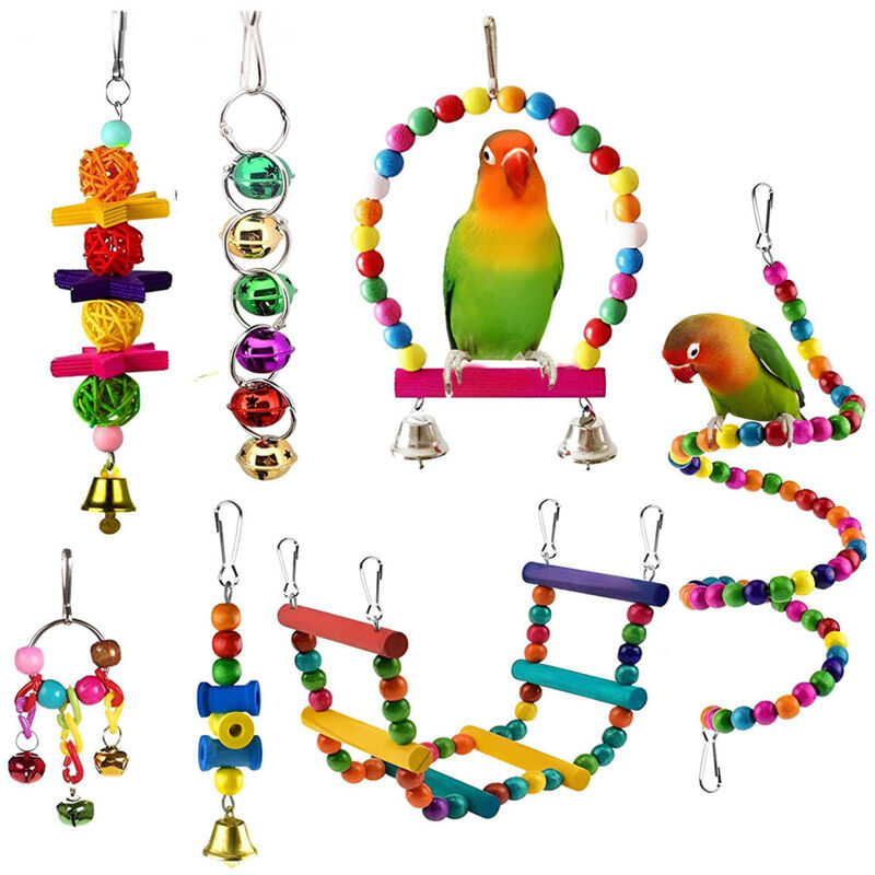 Spielzeug für Vögel, Wellensittiche, Nymphensittiche, Hängeglocke, Vogelkäfig, Hängematte, Schaukel, Kletterleitern, Holzstange, Kauspielzeug