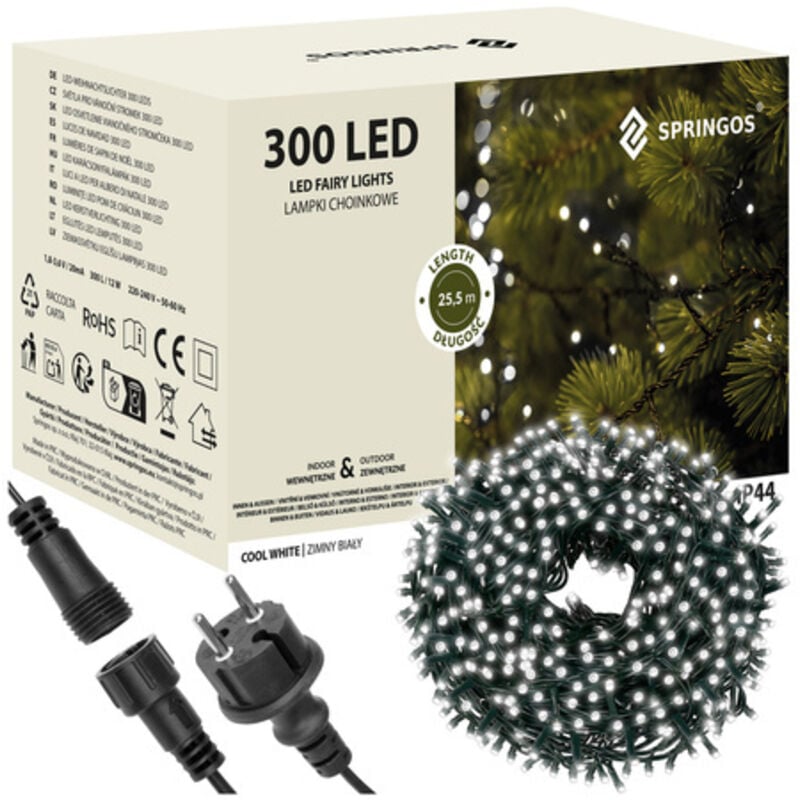 SPRINGOS LED-Lichterkette 19,5 m Kaltweiß 300 LEDs Innen Außen Weihnachtsbeleuchtung IP44 Lichtergirlande