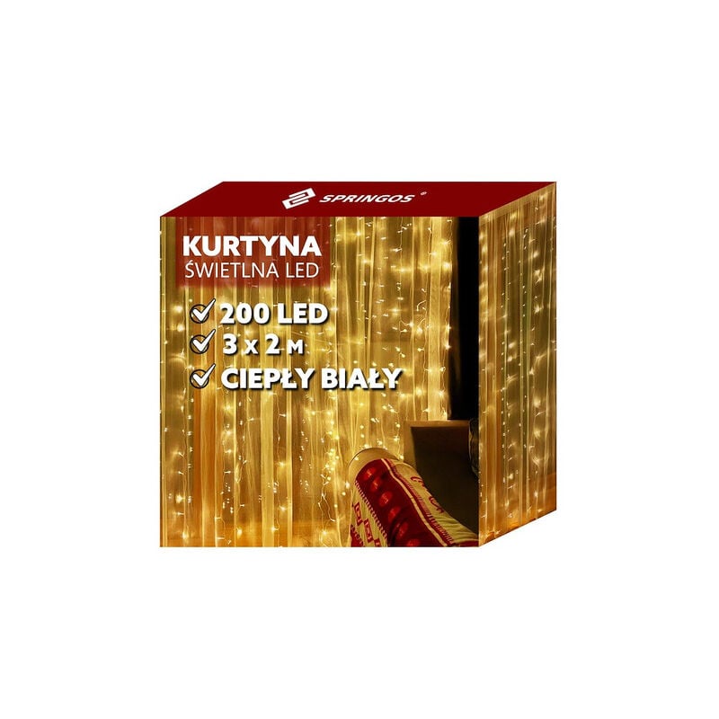 SPRINGOS Lichterkette Lichtervorhang 2 x 2 m Weihnachtsbeleuchtung LED Deko Innen 200 LEDs Fernbedienung 8 Leuchtmodi USB Warmweiß