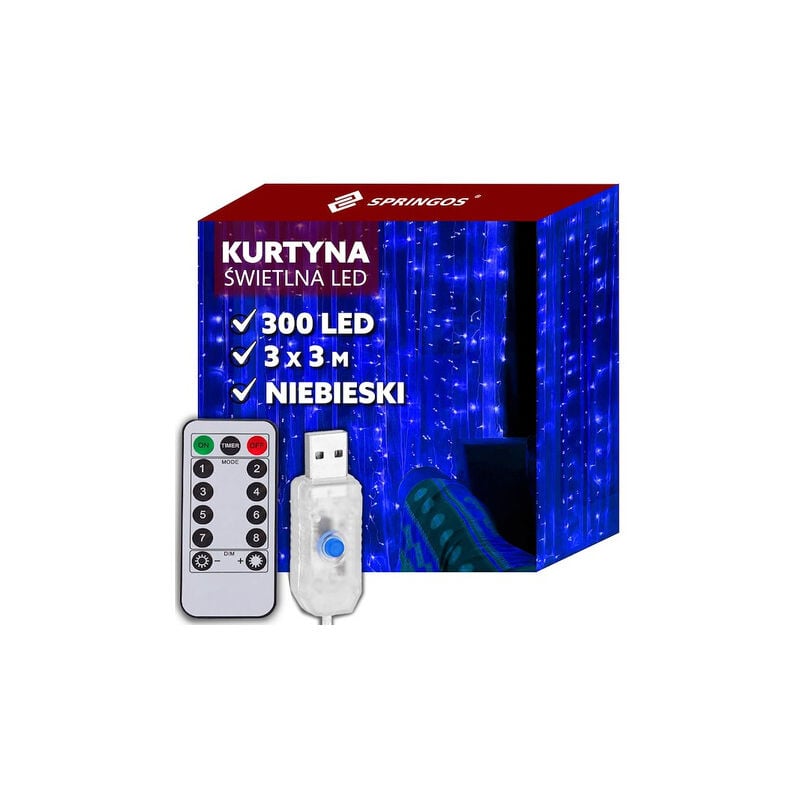 SPRINGOS Lichtervorhang Lichterkette 3 x 3 m LED Deko Innen 300 LEDs Fernbedienung 8 Leuchtmodi USB Blaues Licht Weihnachtsbeleuchtung