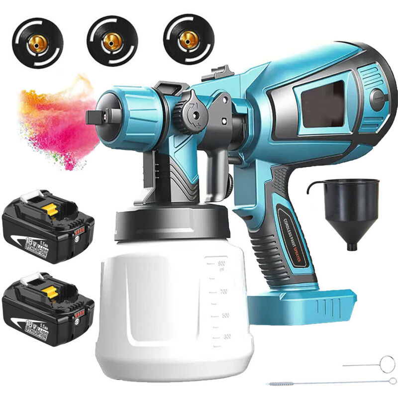 Spritzpistole, 1000ml hvlp Akku Spritzpistole, Airless Spritzpistole+2x 5500mAh Akku (ohne Ladegerät, kompatibel mit Makita Akku