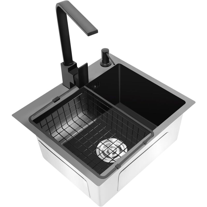 Spülbecken, Küchenspüle Rechteckig Einbauspüle Granit Einbauspüle Spülbecken mit Abflusskorb und Faucet Eckig Spüle Edelstahl Waschbecken 40 x 45 cm