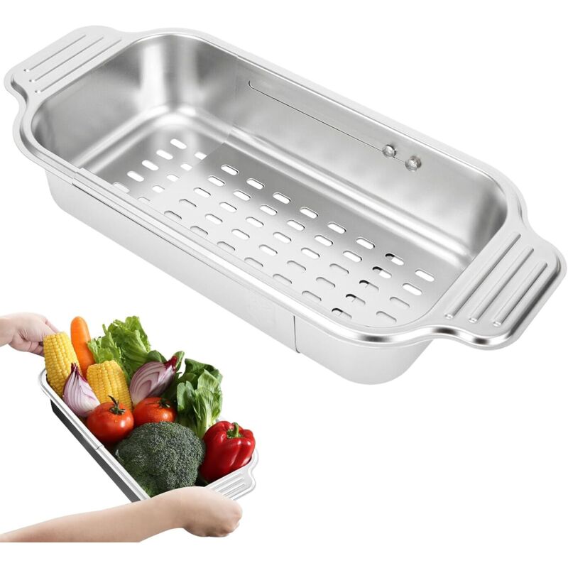 Spülbecken-Sieb, Küchensieb aus Edelstahl, ausziehbares Sieb, zum Waschen von Gemüse und Obst, Abtropfen von gekochten Nudeln und trockenem Geschirr