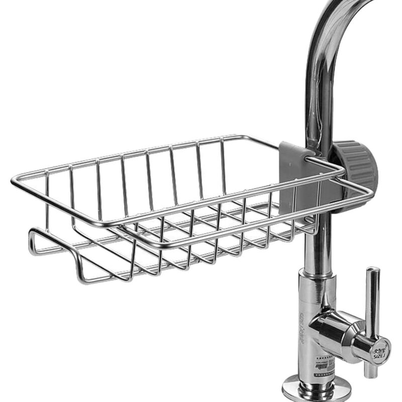 Spülbeckenkorb Wasserhahn-Schwammhalter, Wasserhahn-Abflussregal, abnehmbares hängendes Wasserhahn-Abtropfgestell aus Edelstahl für Küche und