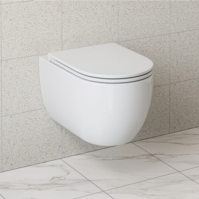 Spülrandloses WC Toilette, Hänge Toilette inkl. Toilettendeckel, Einloch-Superspin-Spülung Toilettenschüssel mit Nanobeschichte Glasur, 54×36×35,5 cm