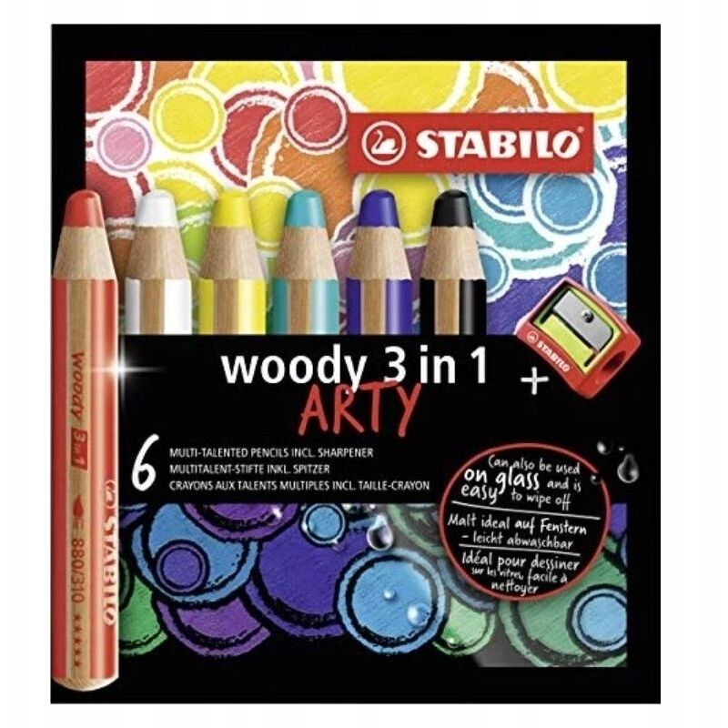 WOODY ARTY Buntstifte 3 in 1 6 Farben + Temp. Stabilo 7123