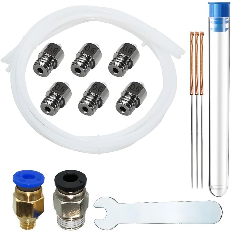 Stahldüse für 1,75-mm-Filament Ender 3, MK8 0,6-mm-Düse, 6 Stück mit 3 Reinigungsnadeln + 3 x 1 m Teflonschlauch + 1 x 6-mm-Maulschlüssel +
