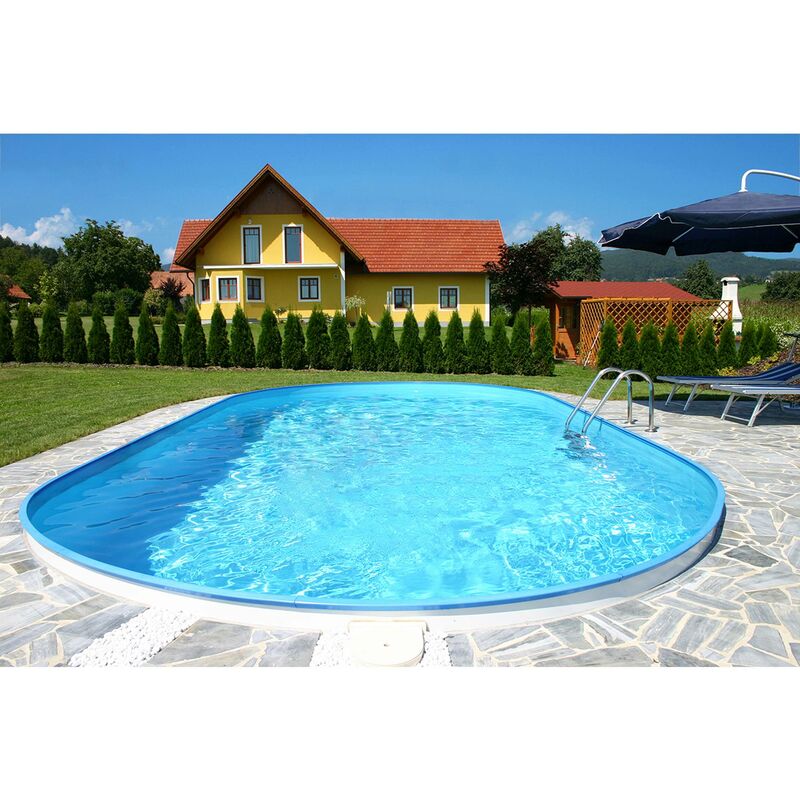 Stahlwandpool oval 623x360x120 cm, Stahl 0,4 mm weiß, Folie 0,4 mm blau, Einhängebiese