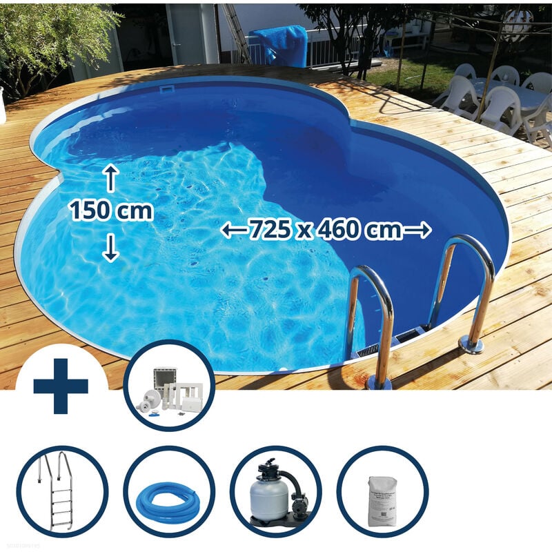 Stahlwandpool Set (10-teil) tief achtform Costa-Rica 725x460x150cm, Stahl 0,8mm weiß Folie 0,6mm bl.