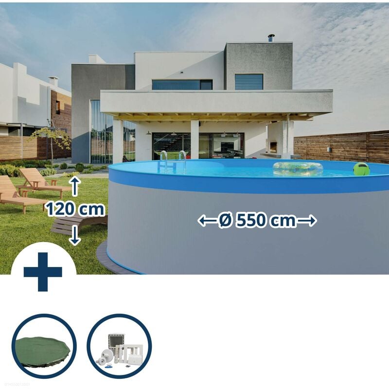 Stahlwandpool Set (3-Teilig) rund 550x120 cm, Stahl 0,4 mm weiß, Folie 0,3 mm blau, overlap