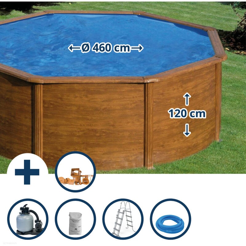 GRE - Stahlwandpool Set (5-teilig) hoch rund 460 x 120 cm, Stahl 0,4 mm Holzoptik Folie 0,3 mm blau