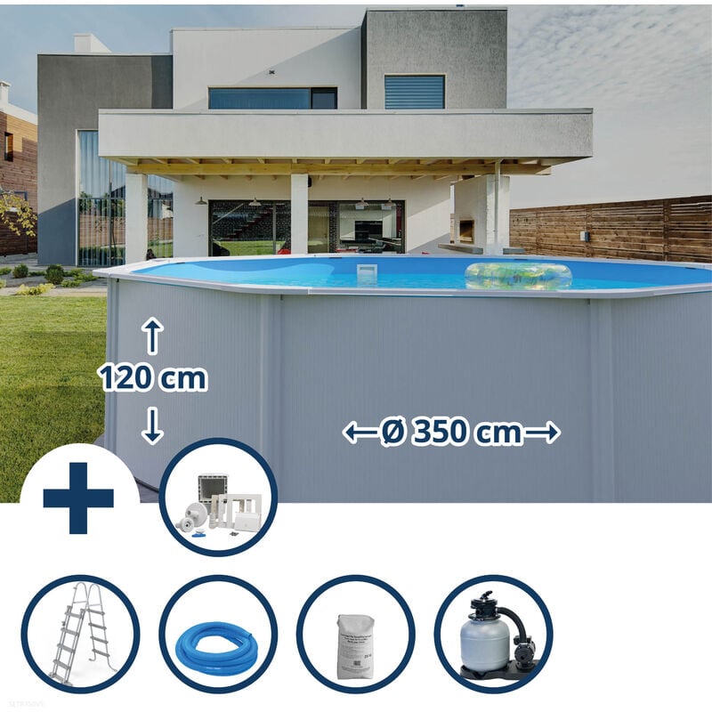 GRE - Stahlwandpool Set (5-teilig) hoch rund Classic 350 x 120 cm, Stahl 0,45 mm weiß Folie 0,3 mm blau