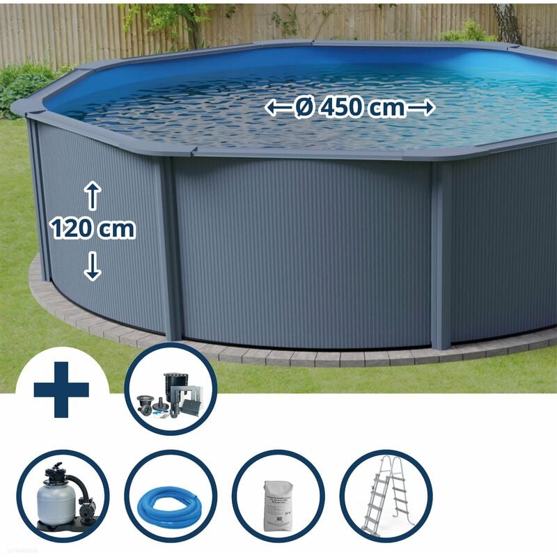 GRE - Stahlwandpool Set (5-teilig) hoch rund Classic 450 x 120 cm, Stahl 0,45mm anthrazit Folie 0,3mm blau
