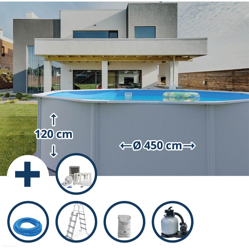 GRE - Stahlwandpool Set (5-teilig) hoch rund Classic 450 x 120 cm, Stahl 0,4 mm weiß Folie 0,3 mm blau