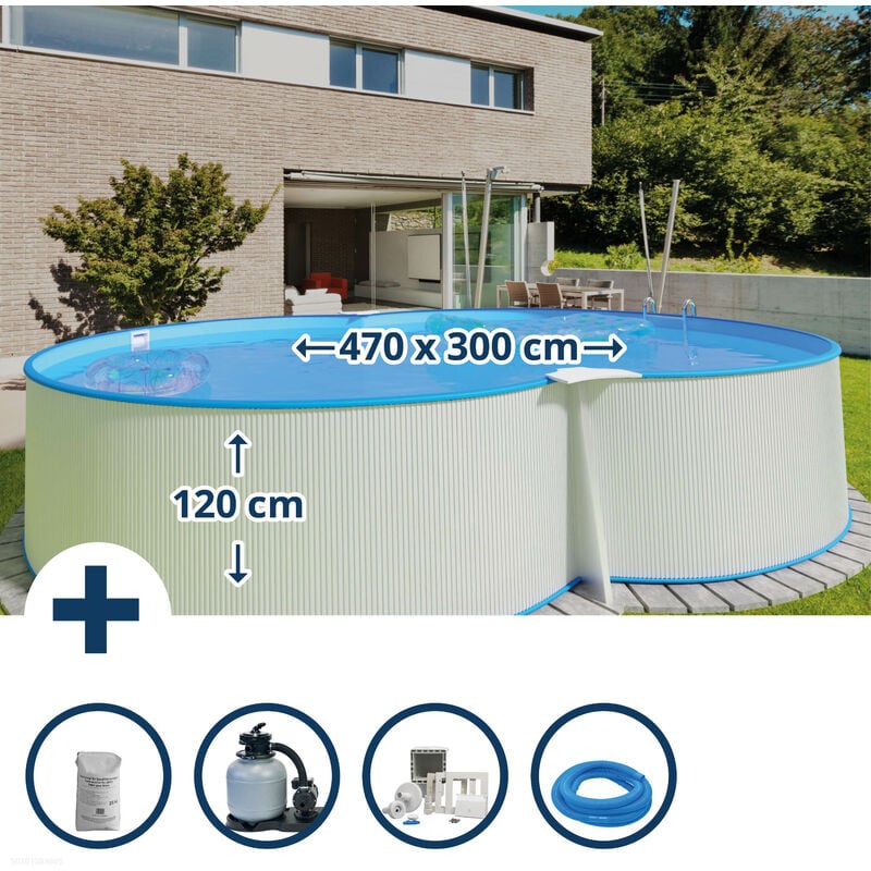 Stahlwandpool Set (6-teil) hoch achtform Montevideo 470x300x120cm, Stahl 0,4mm weiß Folie 0,4mm blau