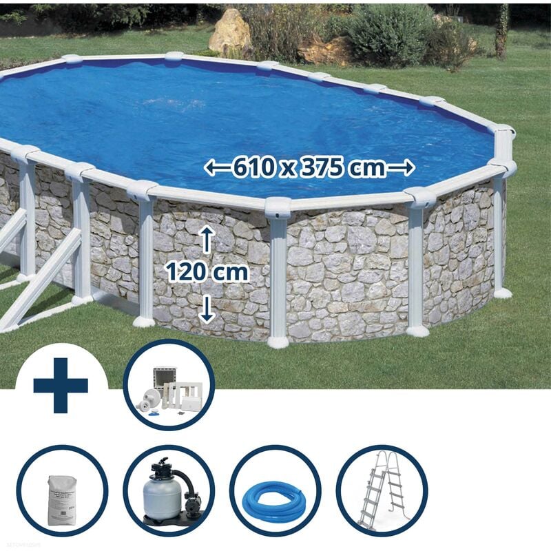 GRE - Stahlwandpool Set (6-teilig) hoch oval 610 x 375 x 120 cm, Stahl 0,45mm Steinoptik Folie 0,3mm blau