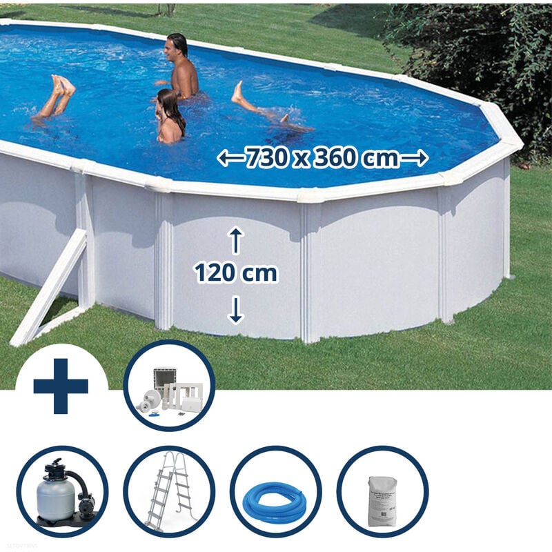 GRE - Stahlwandpool Set (6-teilig) hoch oval Classic 730x360x120 cm, Stahl 0,45mm weiß Folie 0,3mm blau