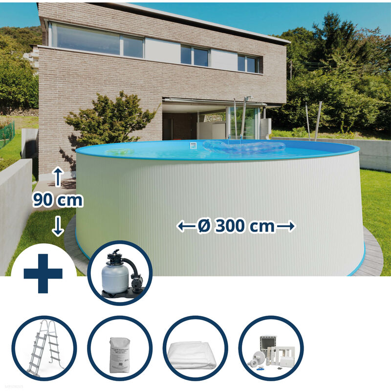 Stahlwandpool Set (6-teilig) hoch rund 300 x 90 cm, Stahl 0,3 mm weiß Folie 0,2 mm blau