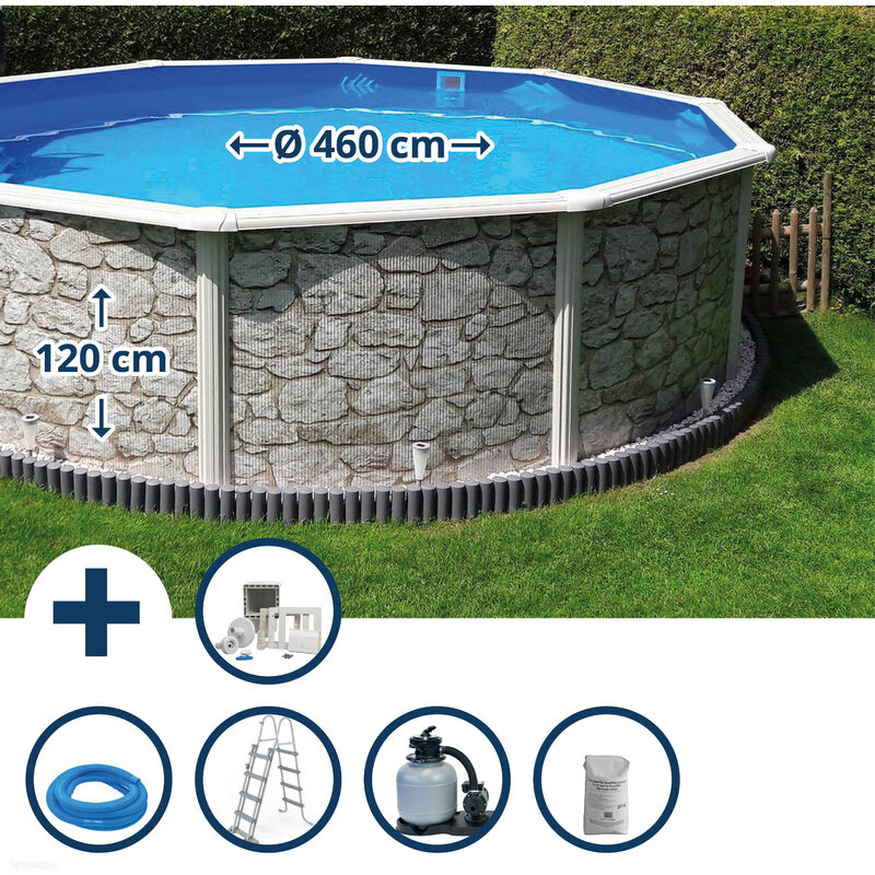 Stahlwandpool Set (6-teilig) hoch rund 460 x 120 cm, Stahl 0,45 mm Steinoptik Folie 0,3 mm blau