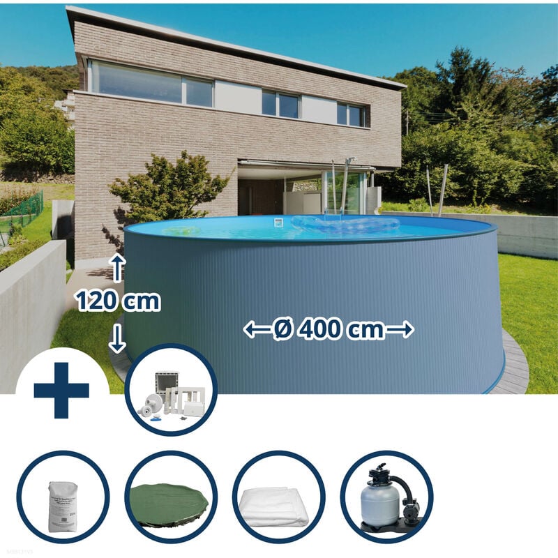 Stahlwandpool Set (6-teilig) rund 400 x 120 cm, Stahl 0,4 mm anthrazit Folie 0,4 mm blau