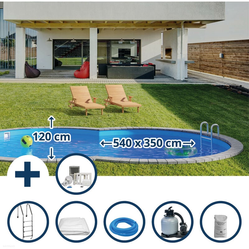 Stahlwandpool Set (6-teilig) tief achtform 540 x 350 x 120 cm, Stahl 0,4 mm weiß Folie 0,4 mm blau