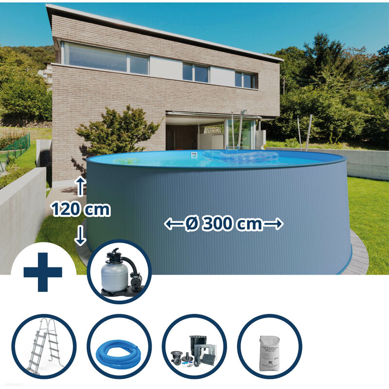 Stahlwandpool Set (7-teilig) hoch rund 300 x 120 cm, Stahl 0,4 mm anthrazit Folie 0,4 mm blau