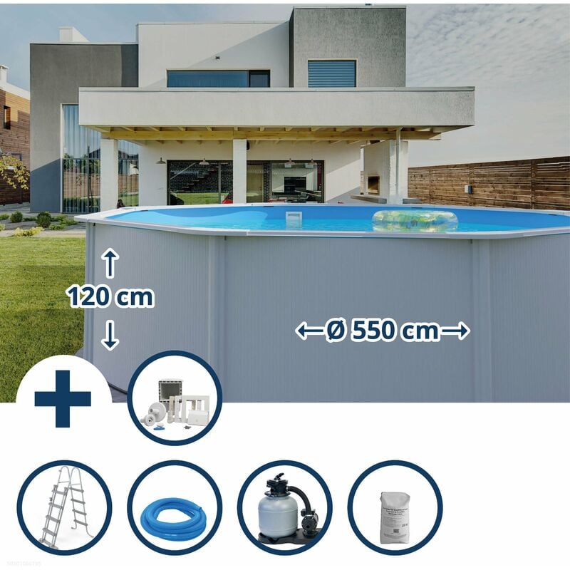 Stahlwandpool Set (7-teilig) hoch rund 550 x 120 cm, Stahl 0,4 mm weiß Folie 0,3 mm blau