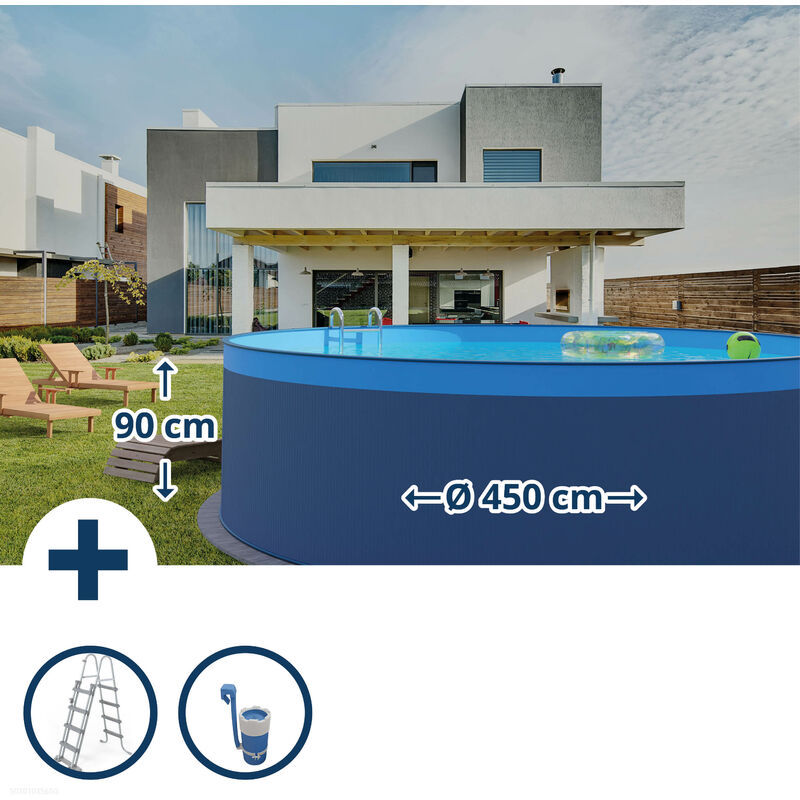 Stahlwandpool Set rund Acapulco 450x90 cm, Stahl 0,3 mm anthrazit, Folie 0,2 mm blau, overlap