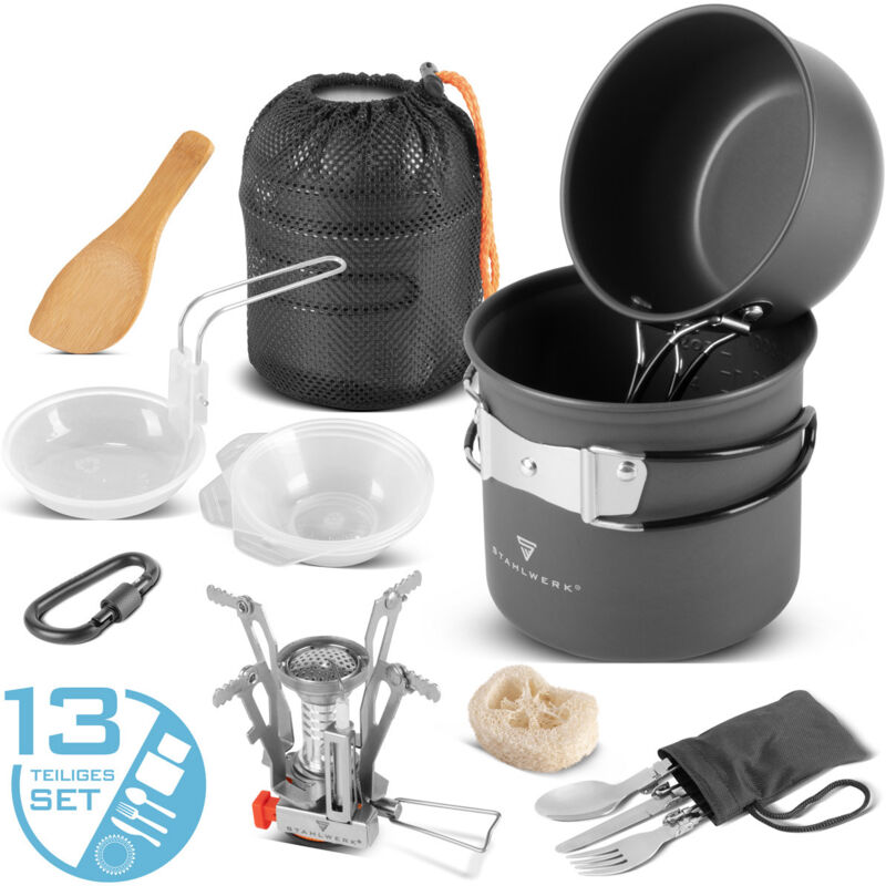 STAHLWERK Camping Kochgeschirr Alu Campinggeschirr Gaskocher Outdoor Set