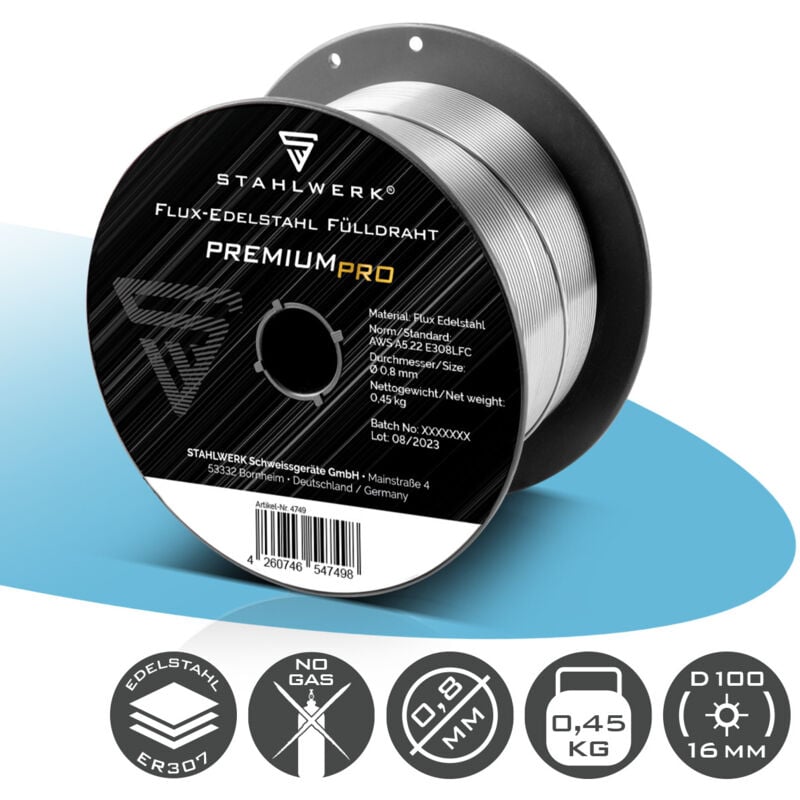 Stahlwerk - Fülldraht flux Edelstahl E308LFC 0,8 mm 0,45 kg Drahtrolle Drahtspule