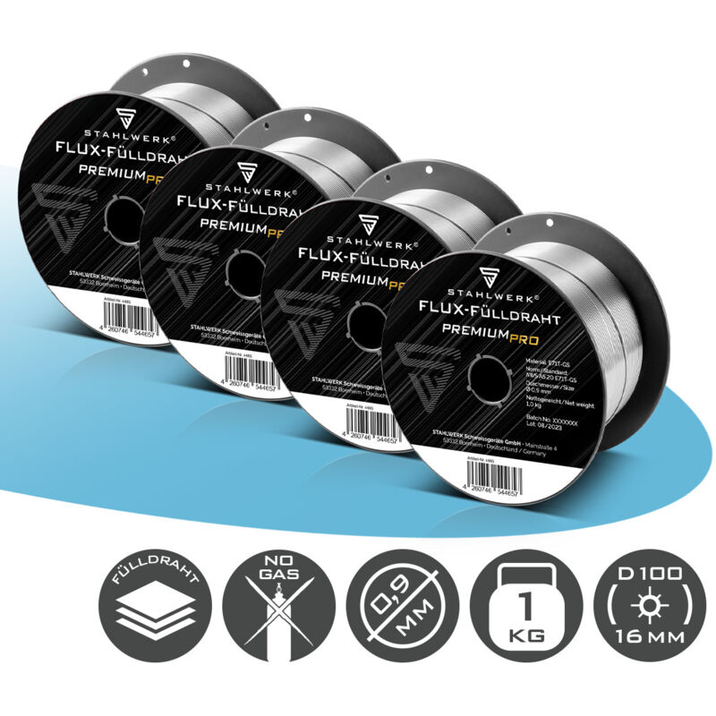 STAHLWERK Fülldraht 4er Set FLUX E71T-GS 0,9 mm 1 kg Drahtrolle D100 MIG MAG