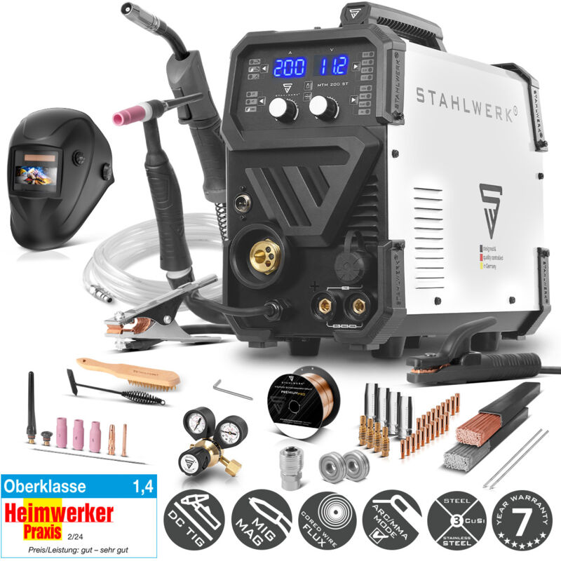 STAHLWERK Schweißgerät 3-in-1 Kombi MTM-200 ST – Vollausstattung – WIG, MIG/MAG, MMA/E-Hand bis 200 A, synergischer Drahtvorschub, 4-Rollen-Antrieb,