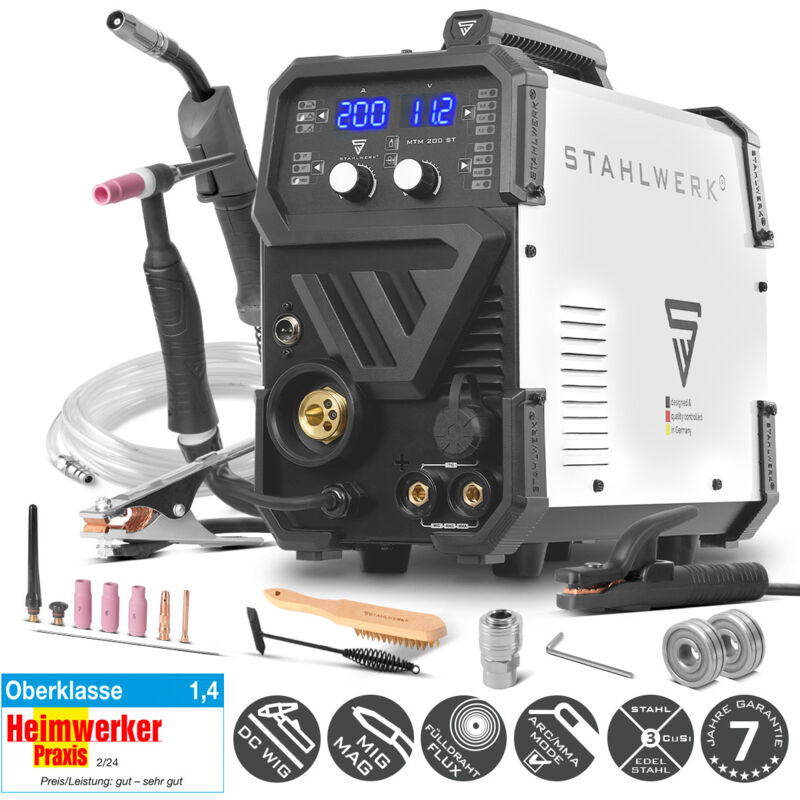 STAHLWERK Schweißgerät 3-in-1 Kombi MTM-200 ST – Kombi-Inverter für WIG, MIG/MAG, MMA/E-Hand bis 200 A, synergischer Drahtvorschub, 4-Rollen-Antrieb,